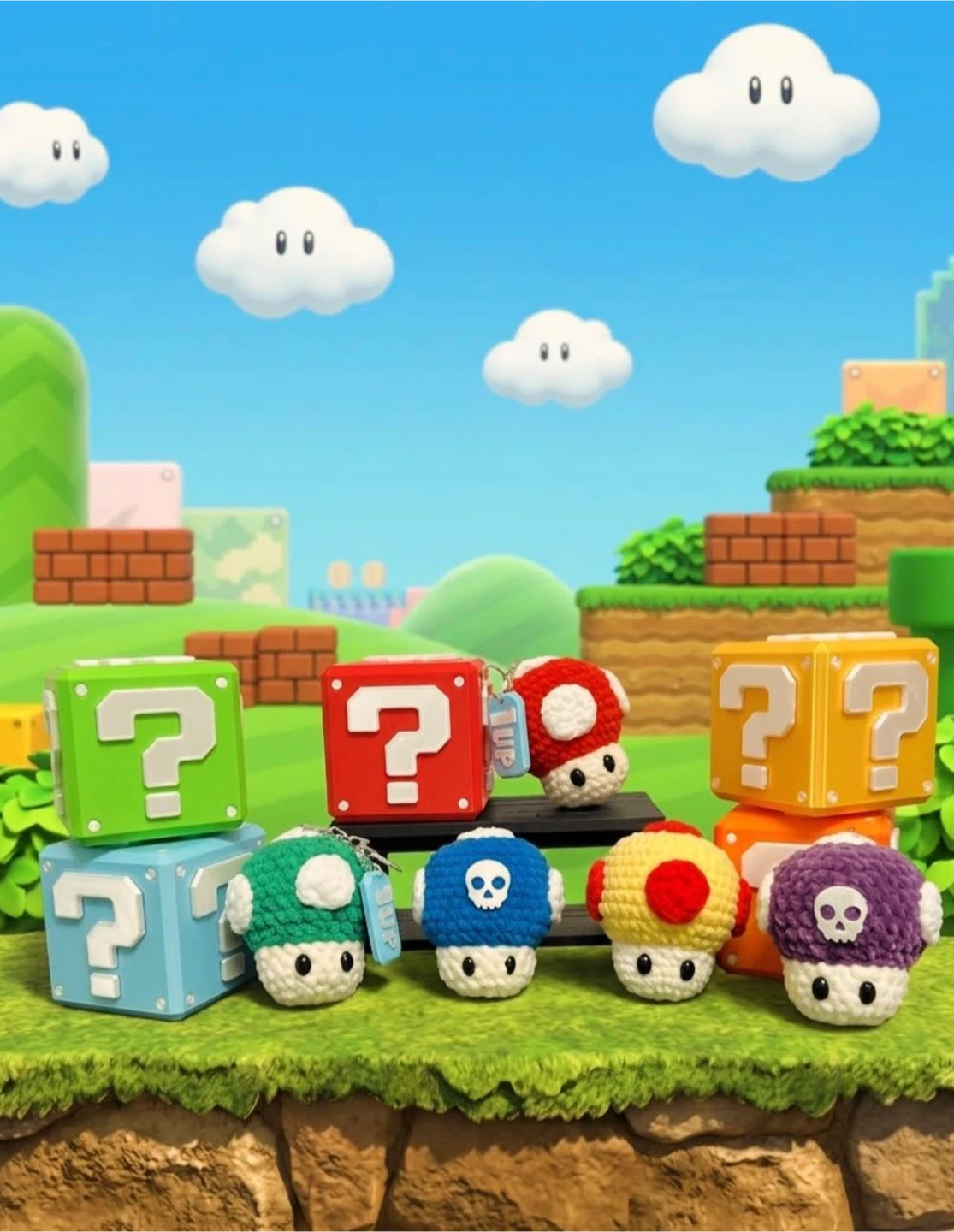 Handmade Mario Inspired Crochet Plant and Mushroom Keychains