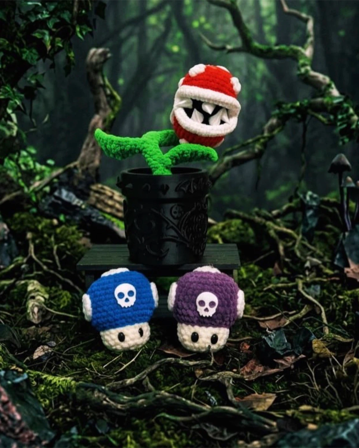 Handmade Mario Inspired Crochet Plant and Mushroom Keychains - photo 2