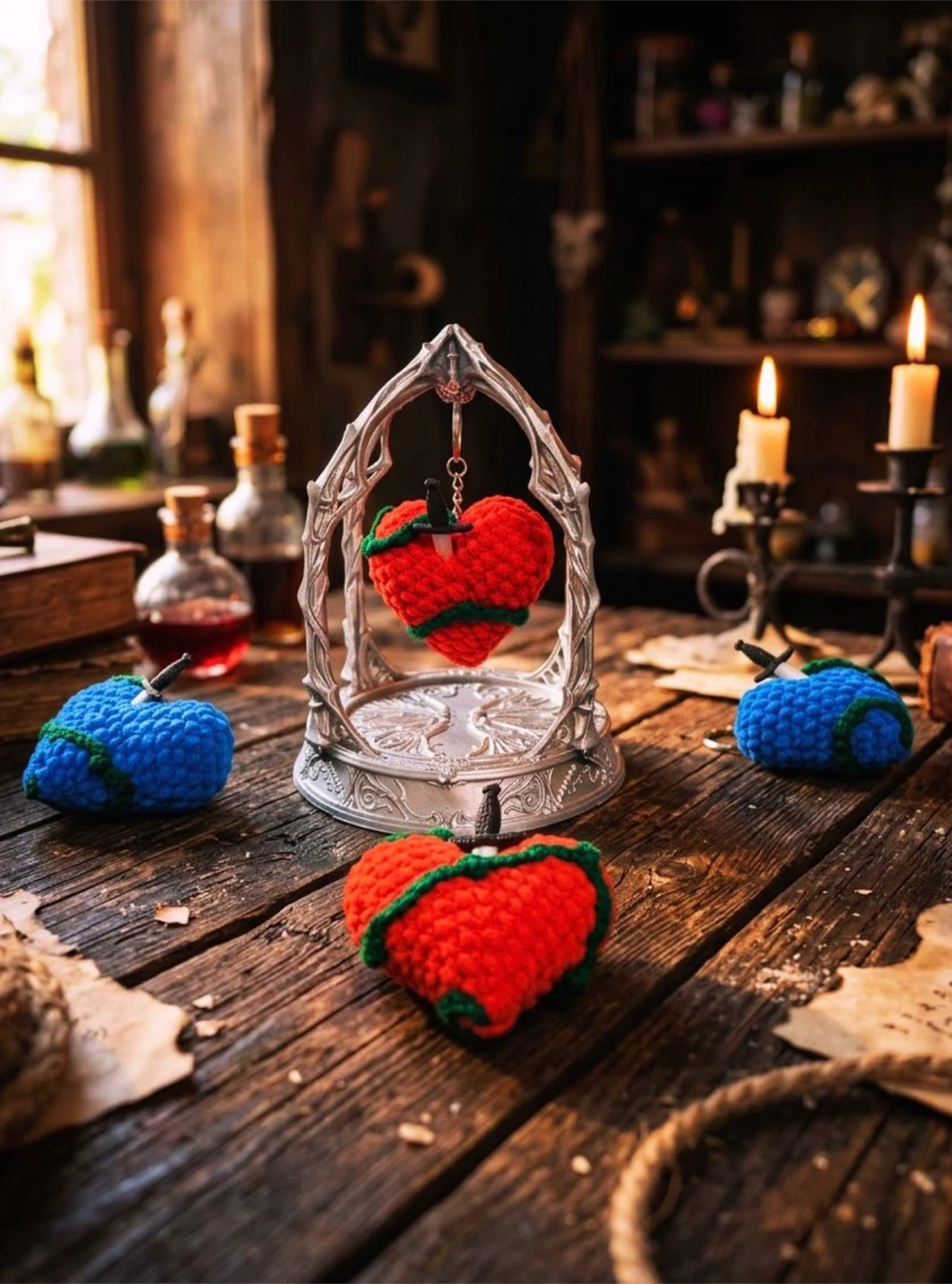 Crochet Heart Dagger Keychains with Display Stand
