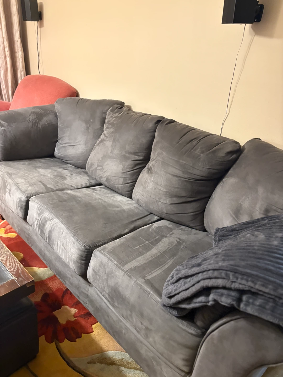 Grey Three-Seater Suede Sofa