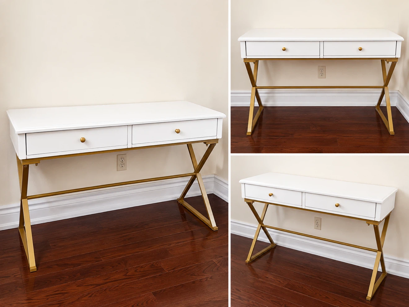 White and Gold Metal Desk with Two Drawers
