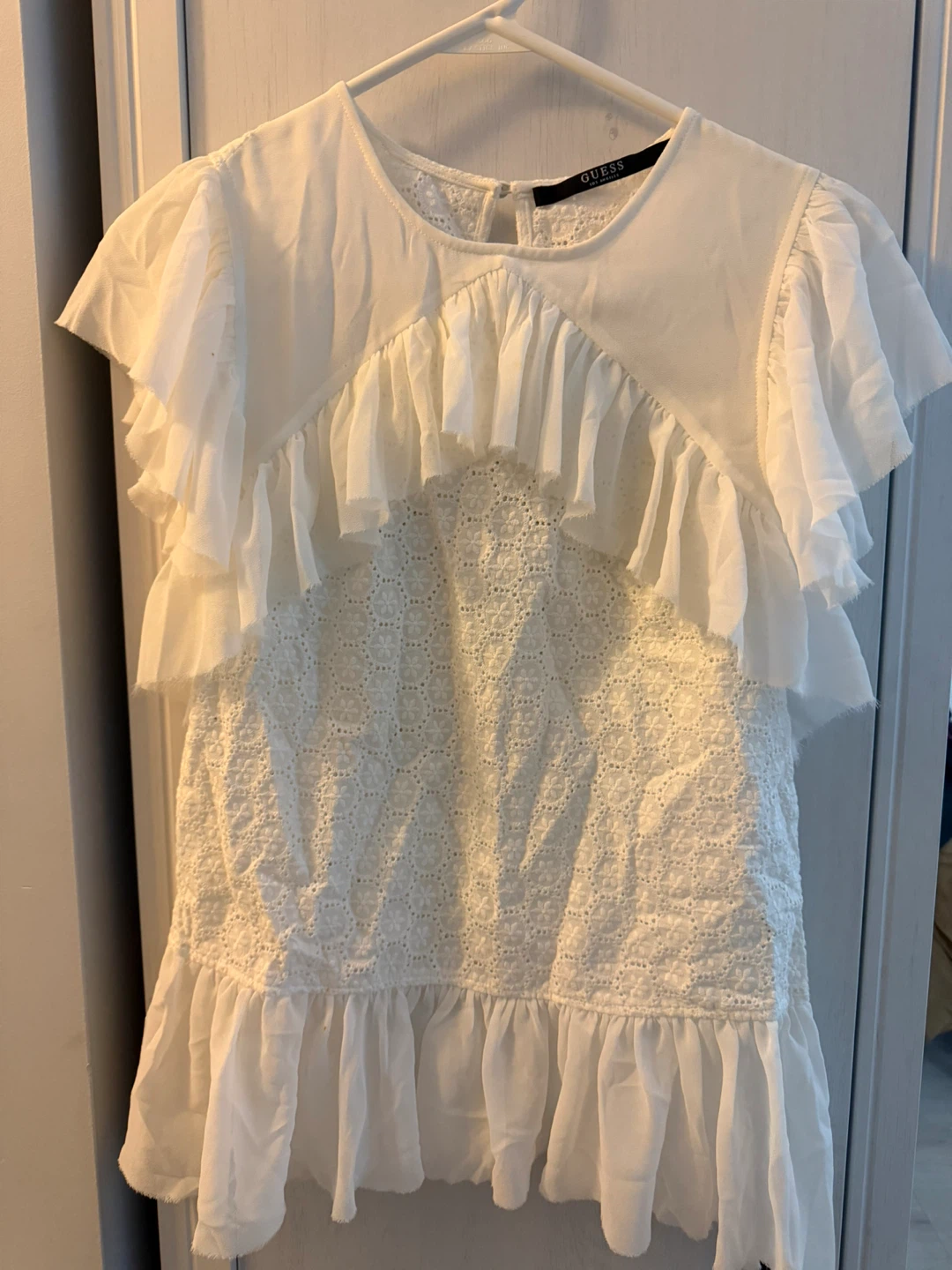 Guess White Ruffled Eyelet Top size S