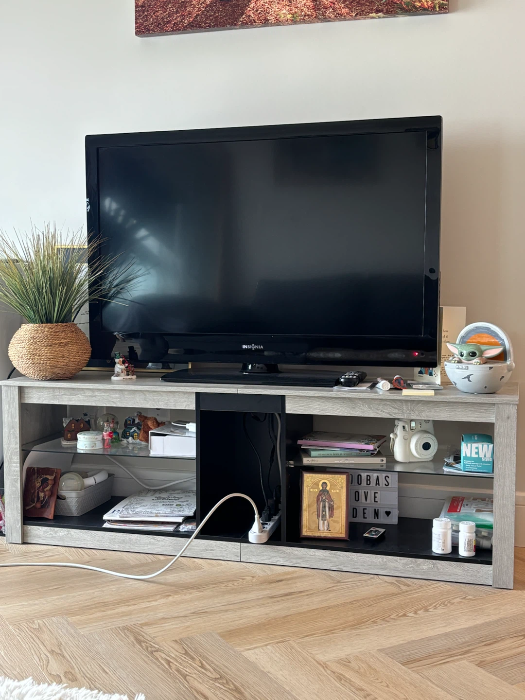 Grey Oak Finish TV Stand with Glass Shelves and LCD lights.