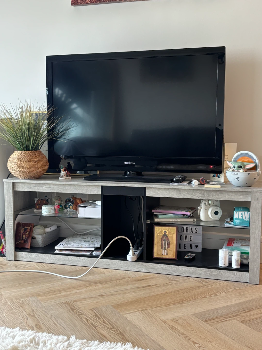 Grey Oak Finish TV Stand with Glass Shelves and LCD lights. - photo 2