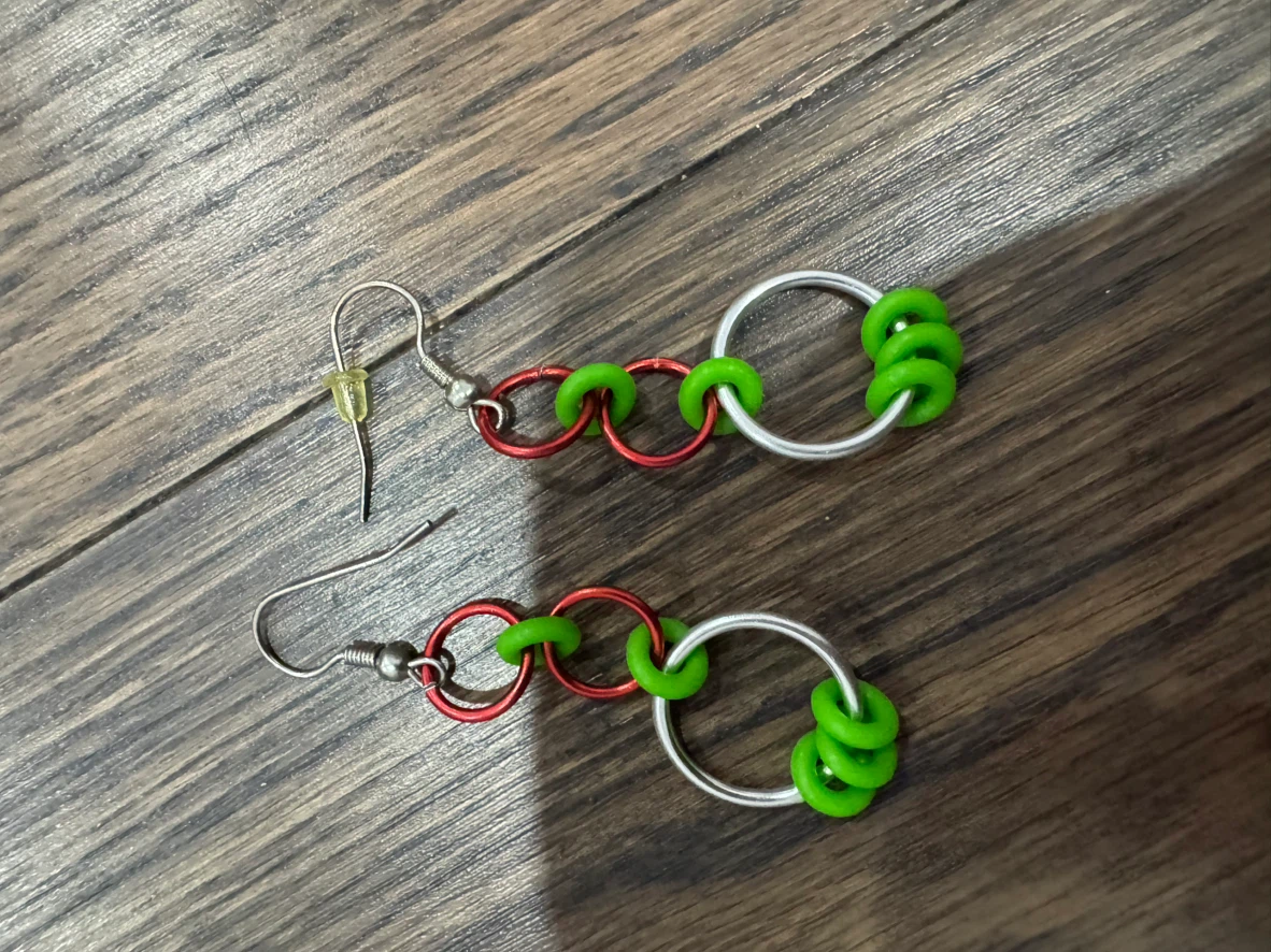 Red, Silver, and Green Linked Hoop Earrings