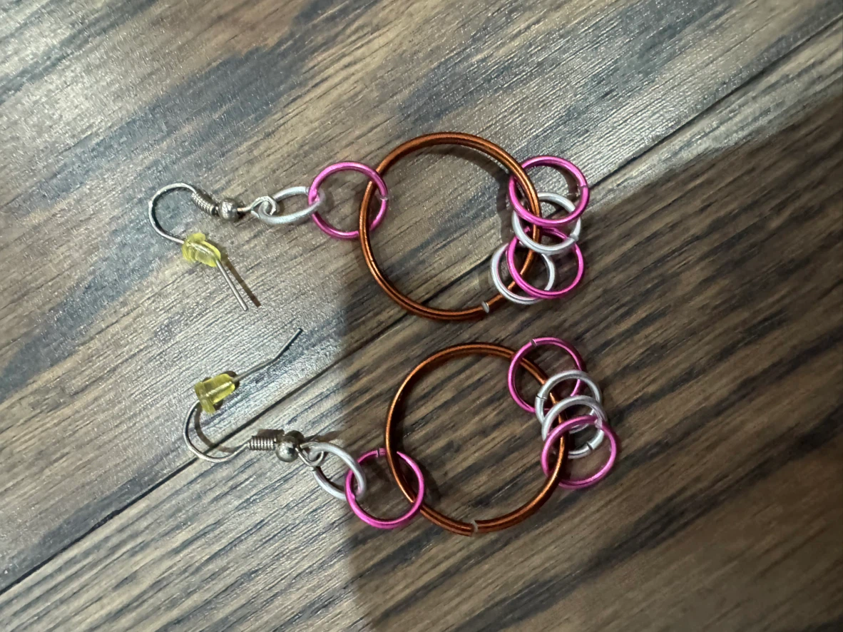 Copper-Tone Hoop Earrings with Pink and Silver Rings