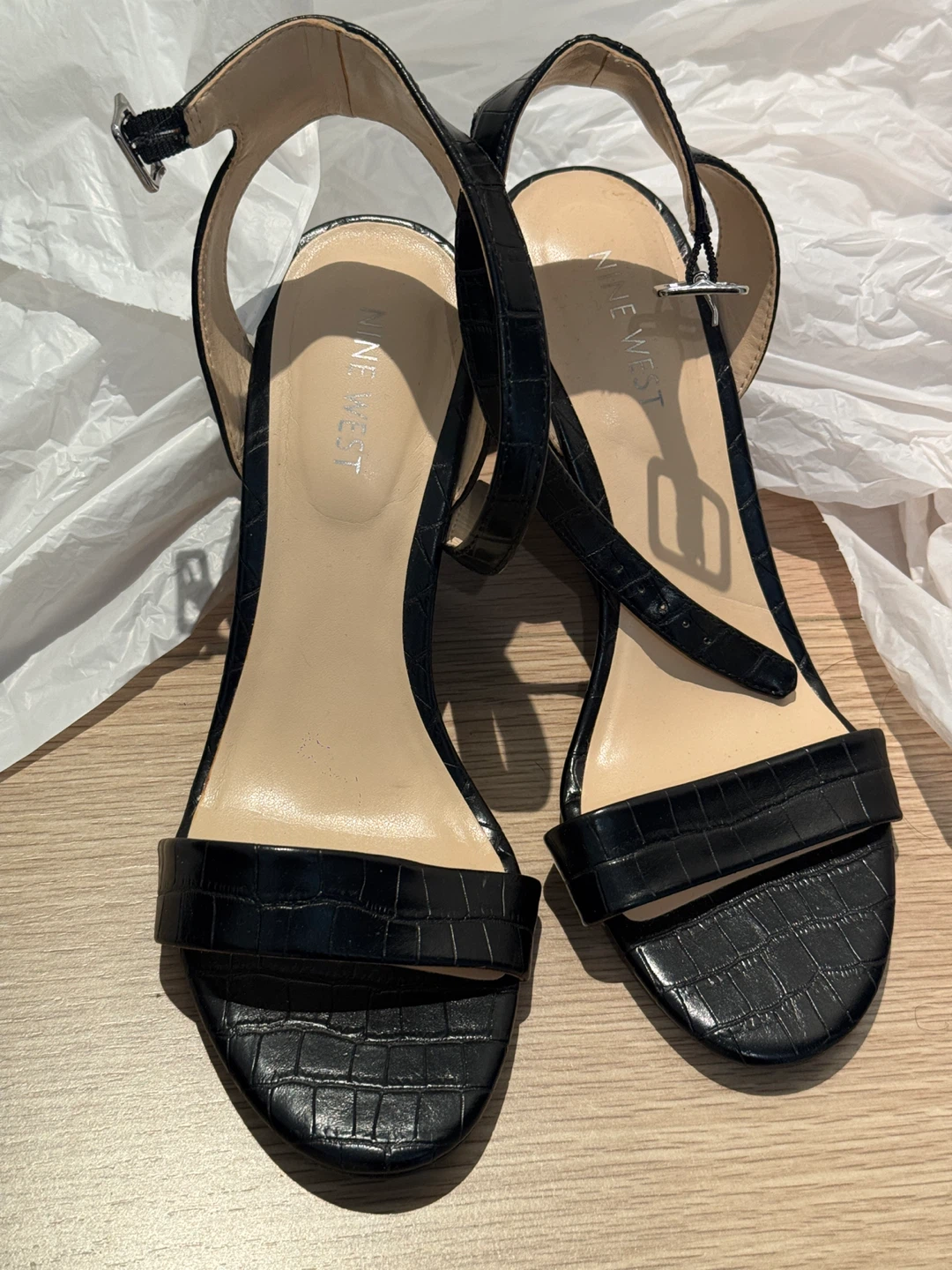 Nine West black croc-embossed wedge sandals