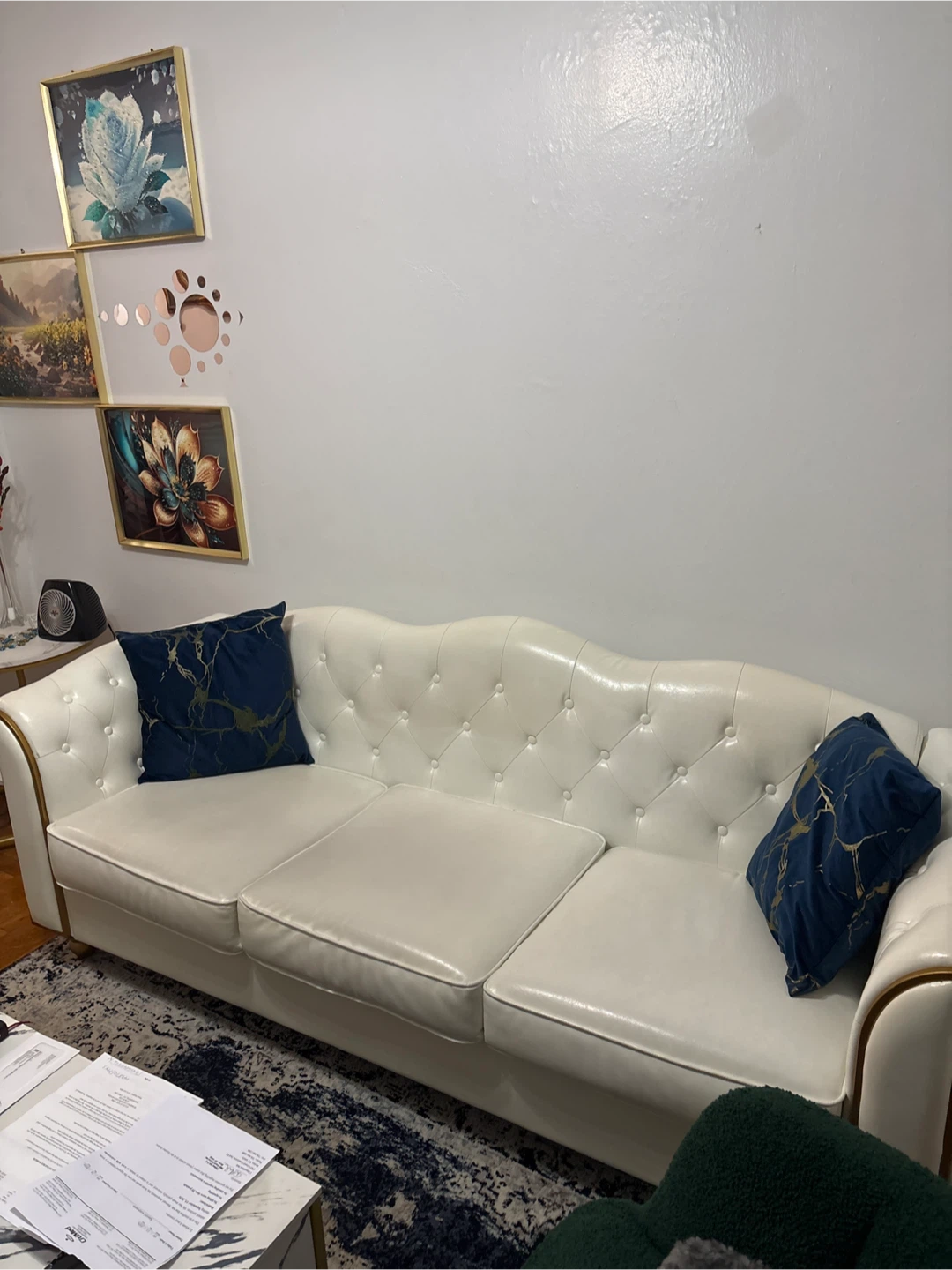 White Tufted Sofa with Gold Trim