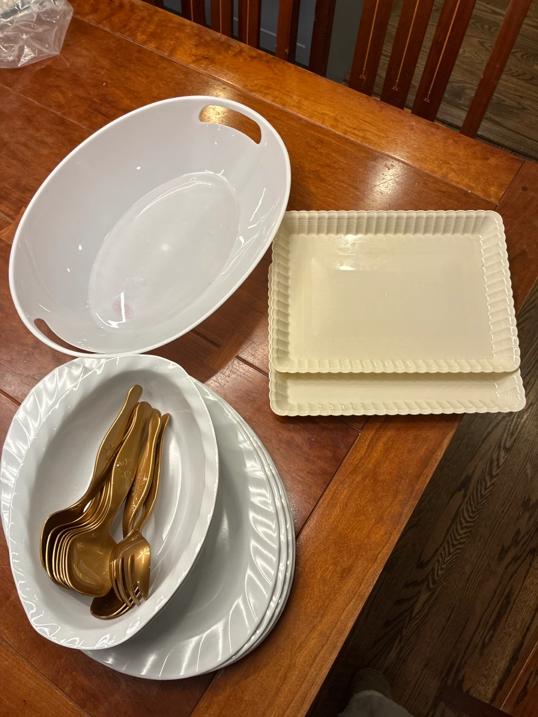 Assorted Plastic White Serving Dishes and Gold Cutlery Set - photo 2