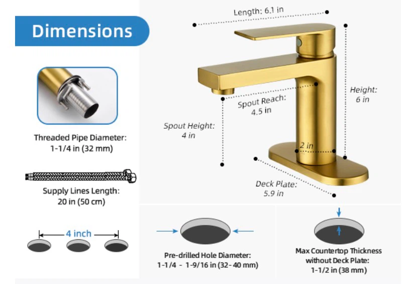 Brushed Gold Bathroom Sink Faucet with Pop-Up Drain - photo 3