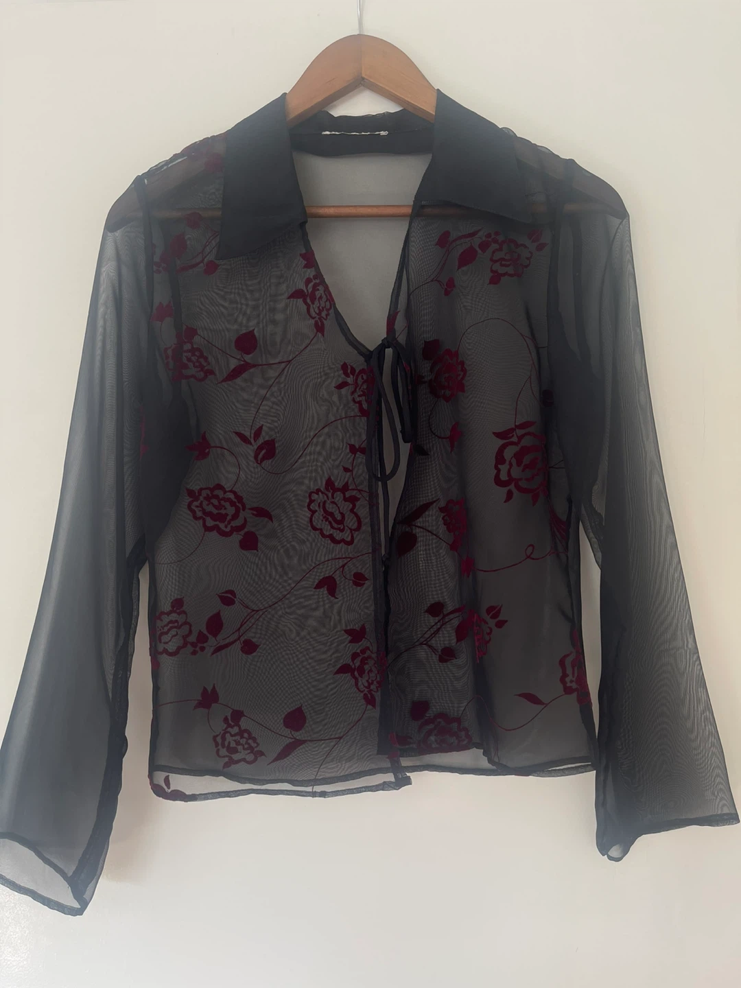 Vintage Whimsygoth Sheer Tie Cardigan Top Velvet Floral Details - photo 2