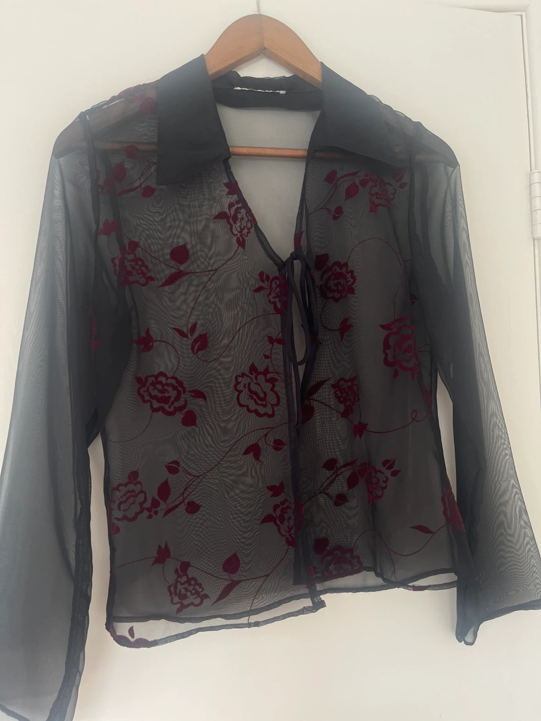 Vintage Whimsygoth Sheer Tie Cardigan Top Velvet Floral Details - photo 3