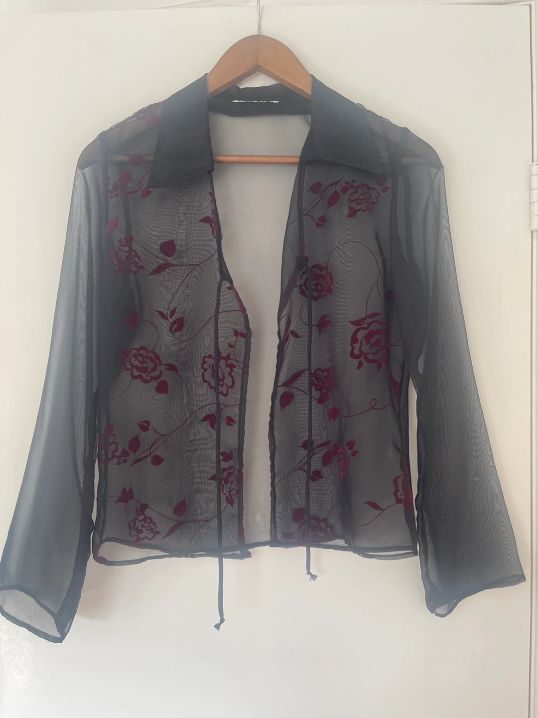 Vintage Whimsygoth Sheer Tie Cardigan Top Velvet Floral Details - photo 5