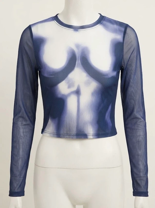 JPG style Body Map Print Graphic Top with Mesh Sleeves