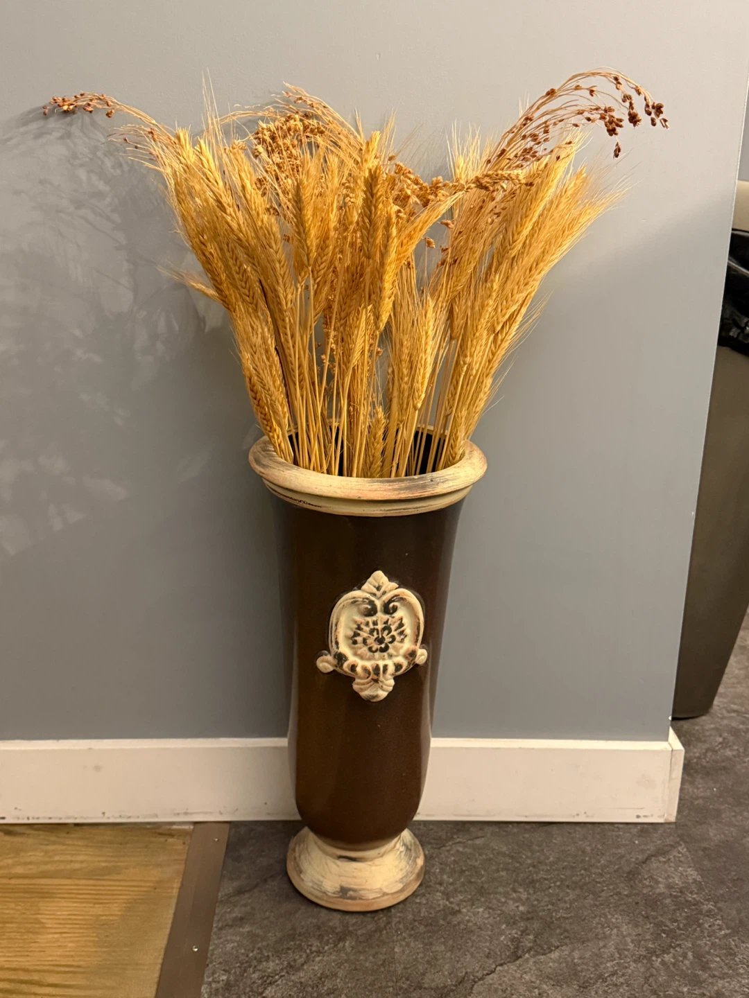 Tall Dark Brown Ceramic Vase with Dried Wheat