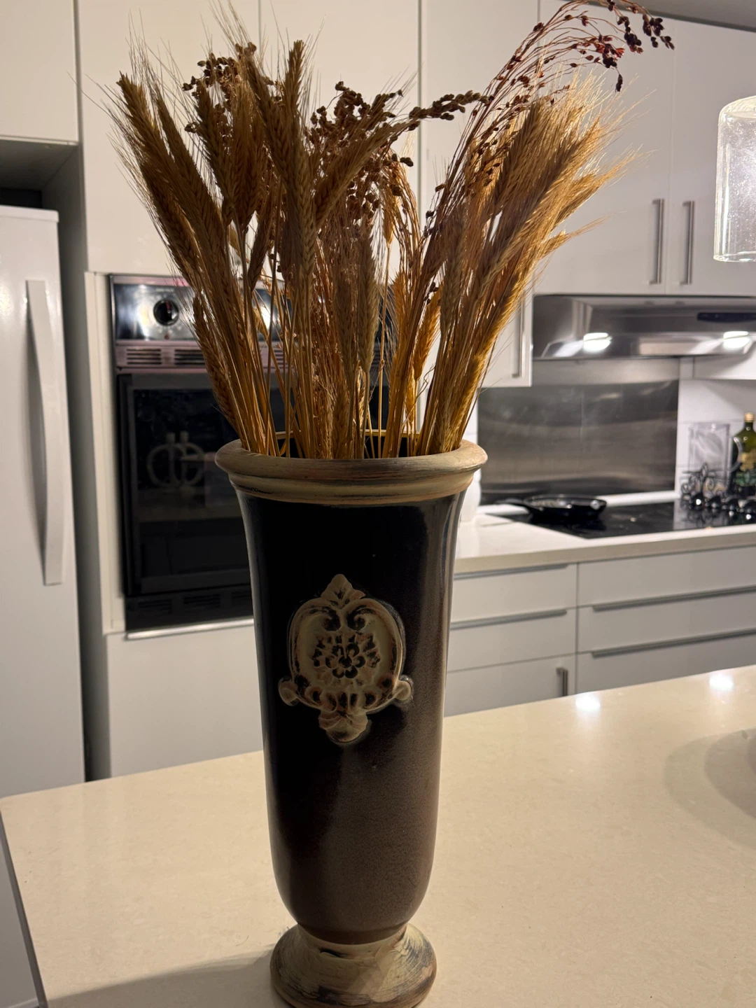 Tall Dark Brown Ceramic Vase with Dried Wheat - photo 2
