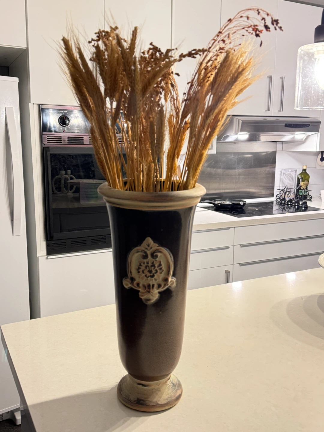 Tall Dark Brown Ceramic Vase with Dried Wheat - photo 3
