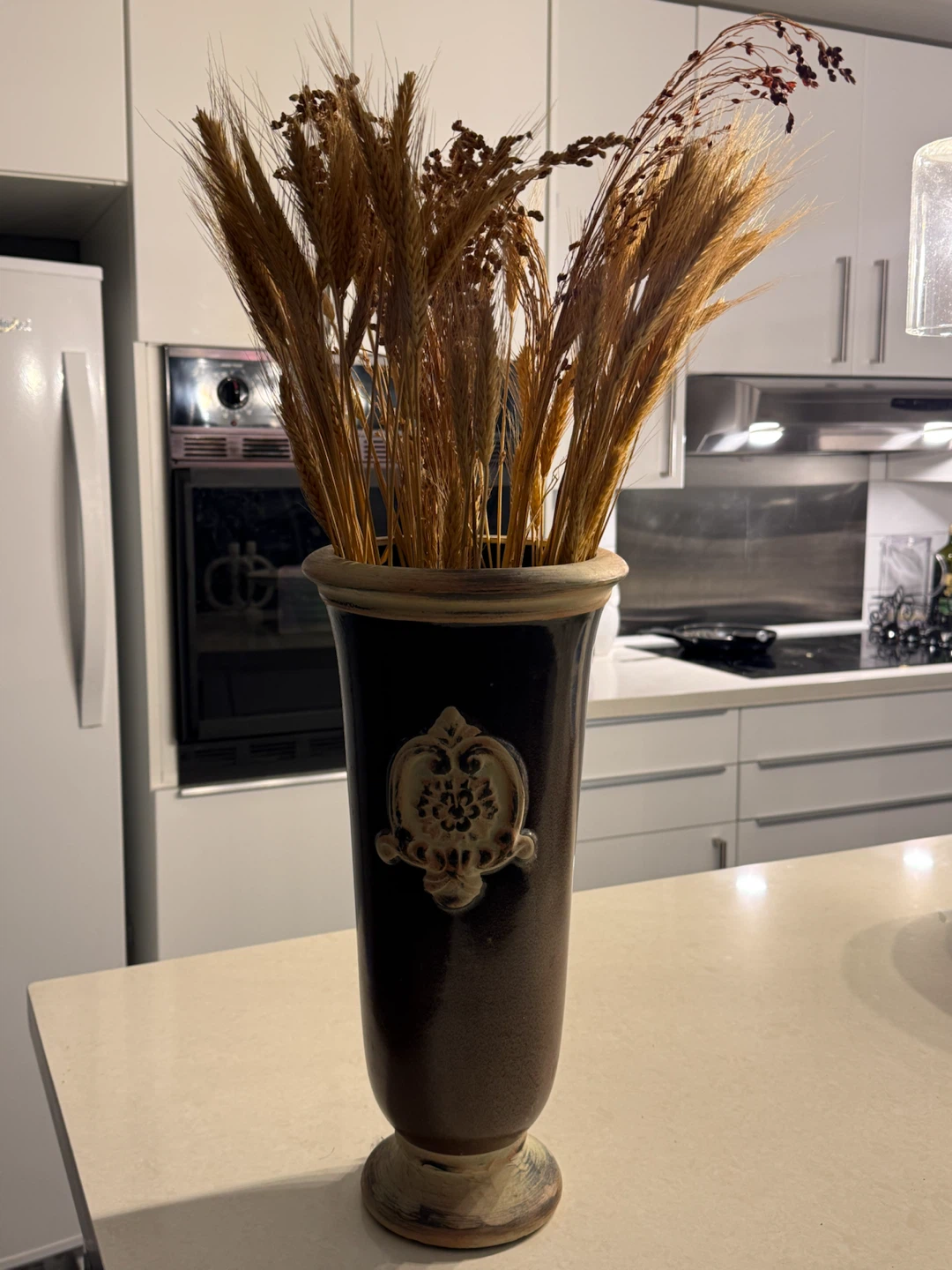 Tall Dark Brown Ceramic Vase with Dried Wheat - photo 4