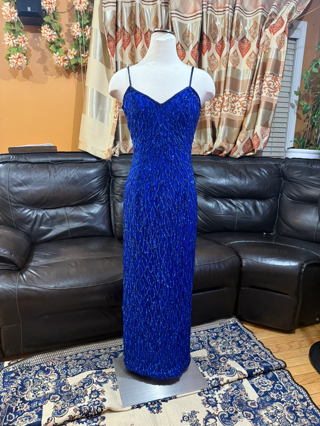 Laurence Kazar Medium Blue Sequin Dress with slit in back