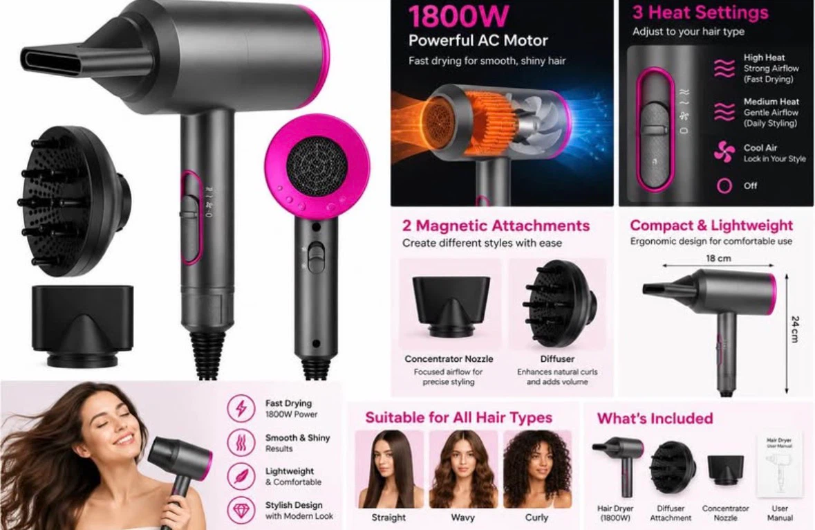 Brand new 1800W Hair Dryer with 2 Magnetic Attachments