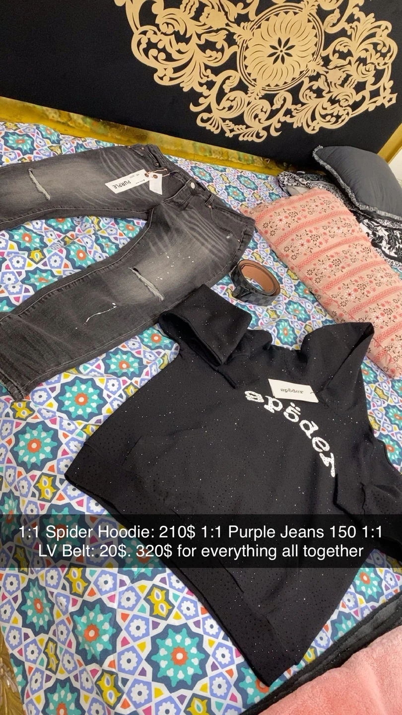 Spider Hoodie, Purple Jeans, and LV Belt