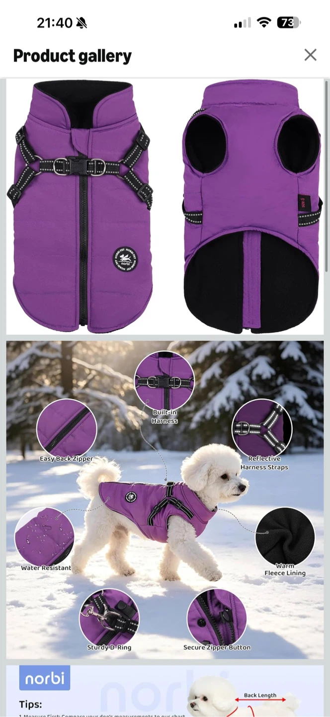 Norbi Pet Winter Dog Jacket Size XL Purple