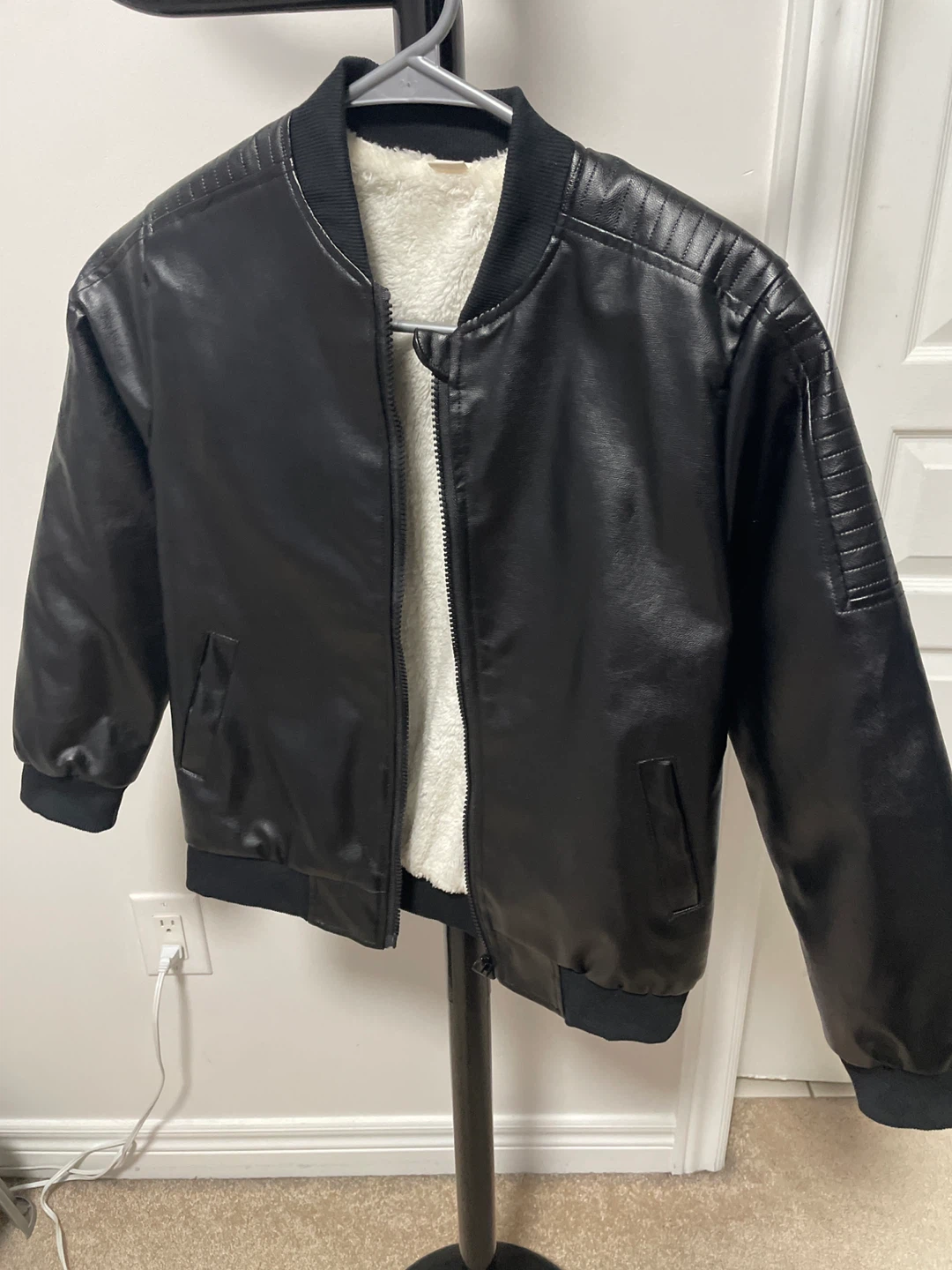 Black Faux Leather Bomber Jacket for boys