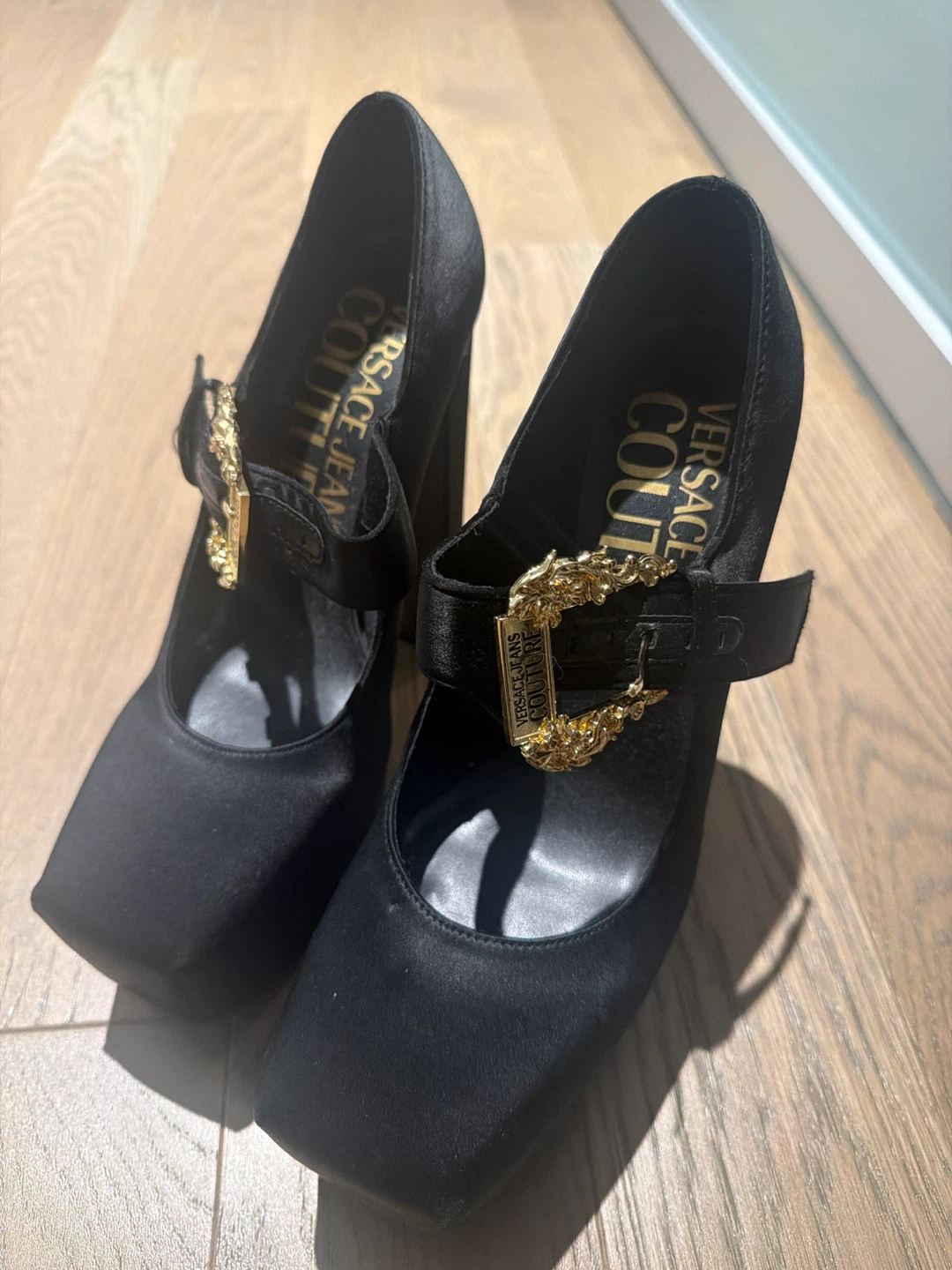 Versace Jeans Couture Black Satin Heels