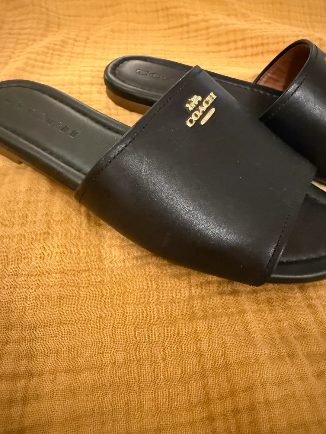 Coach Black Leather Slide Sandals