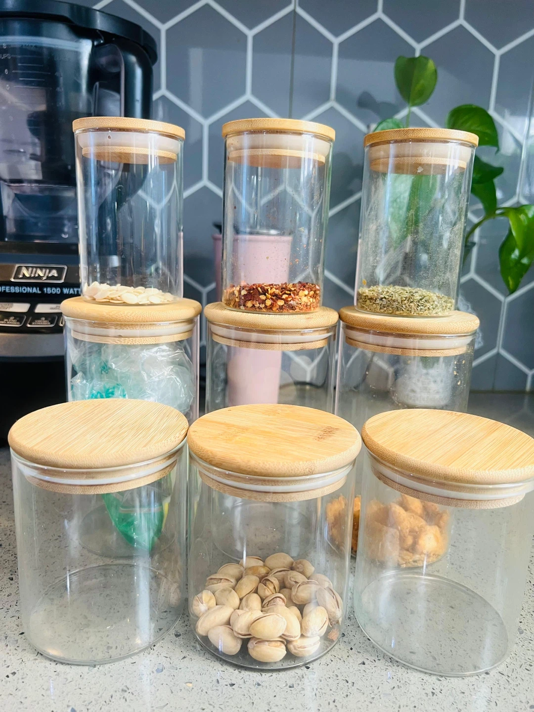 Set of 8 Glass Storage Jars with Bamboo Lids