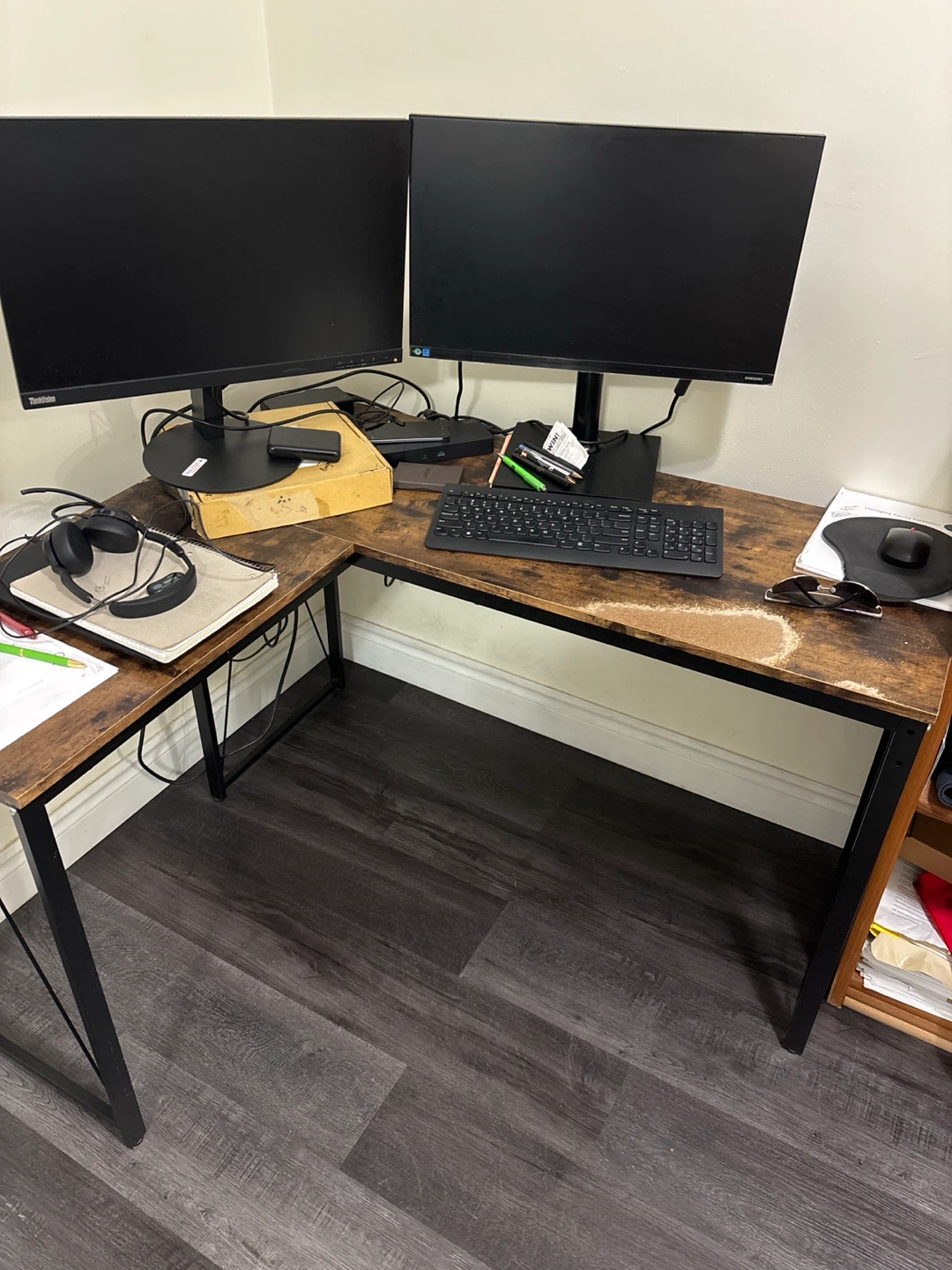 L-Shaped Corner Desk - Wood and Black Metal