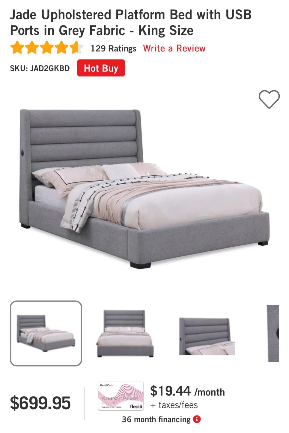 Jade Upholstered King Platform Bed with USB Ports
