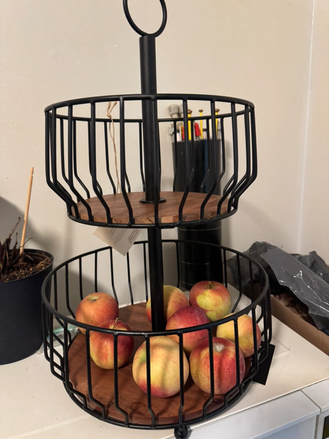 Two-Tier Metal and Wood Fruit Basket