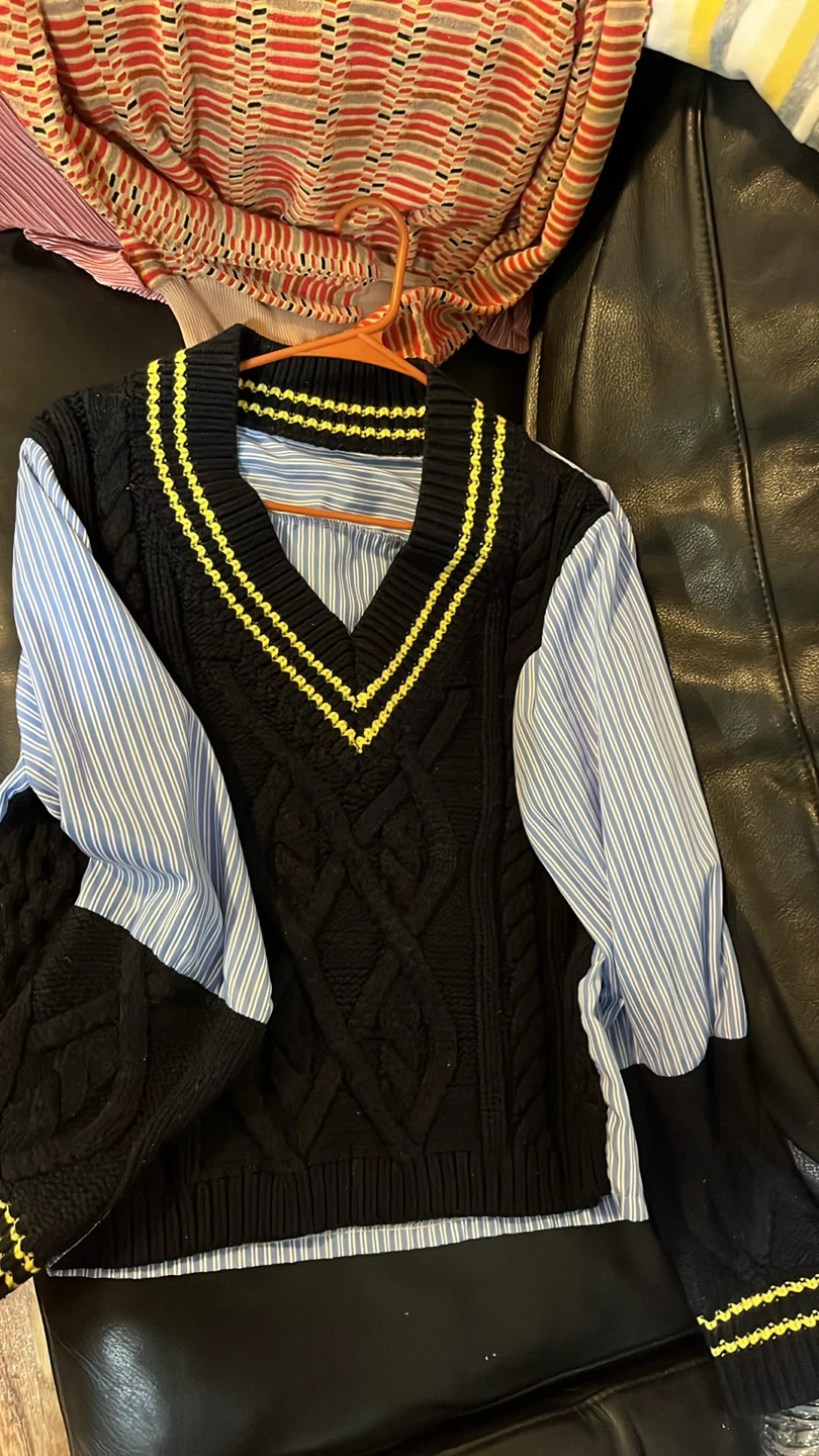 Black Cable Knit Sweater with Striped Shirt Detail