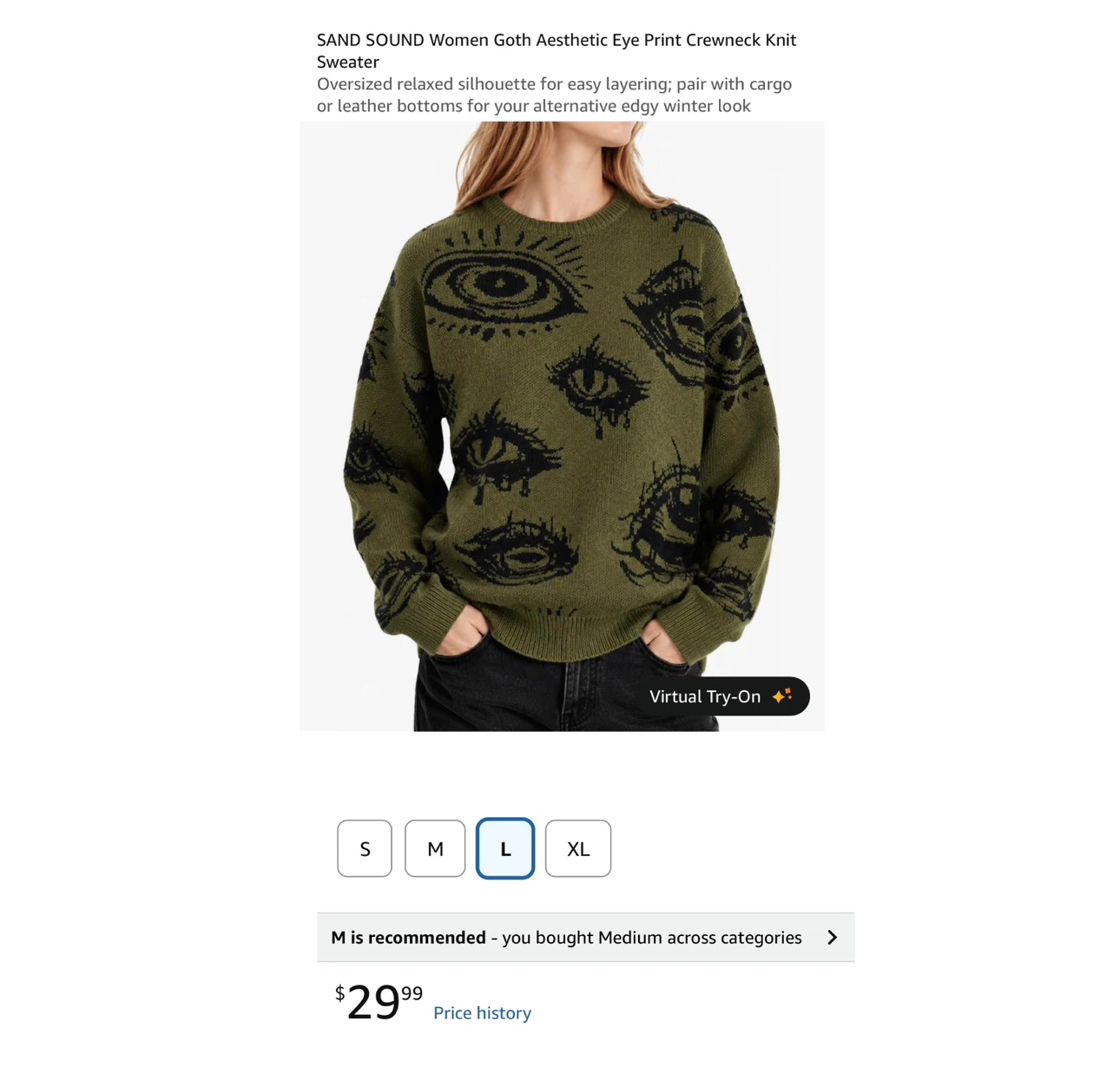 Brand new Size L Women Goth Aesthetic Eye Print Crewneck Sweater