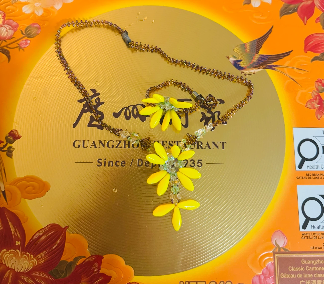 Yellow Flower Beaded Necklace and Earring Set