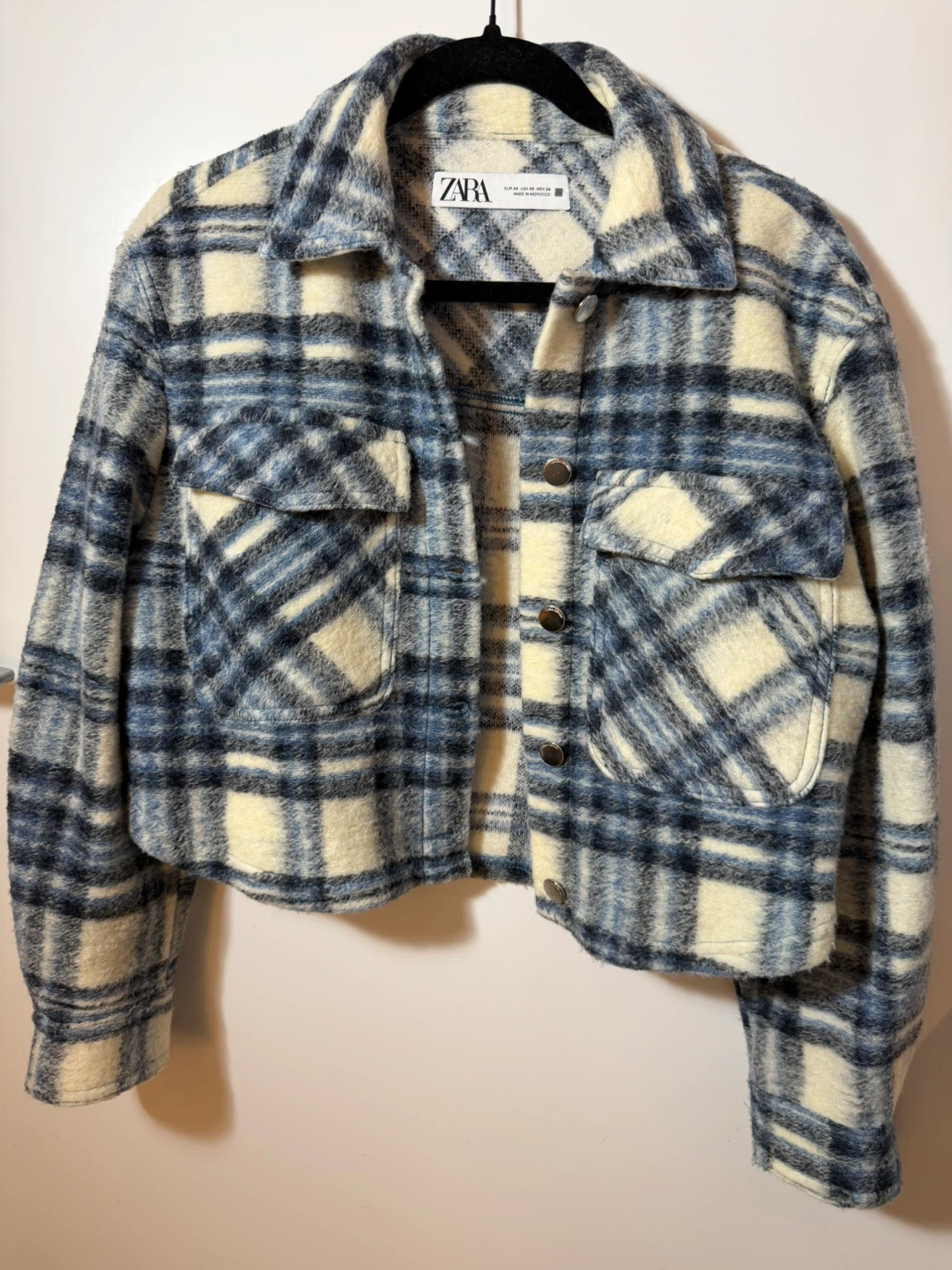 Zara Plaid Shacket and Black Off-Shoulder Top
