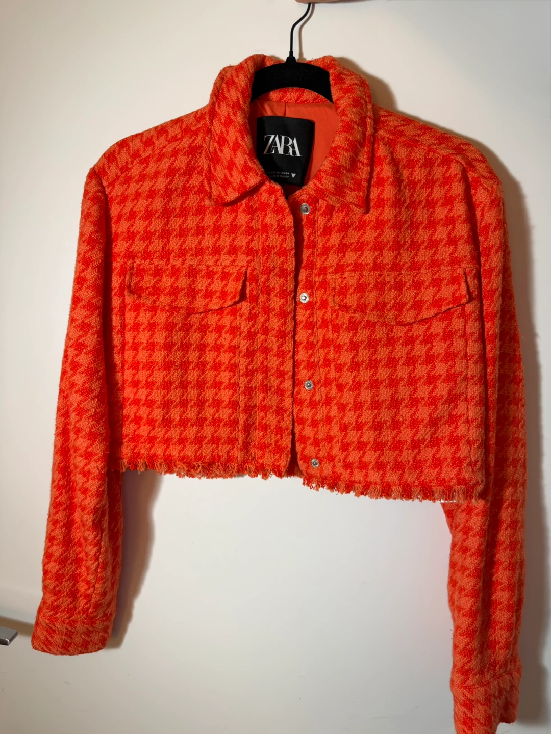 Zara Orange Houndstooth Cropped Jacket XS