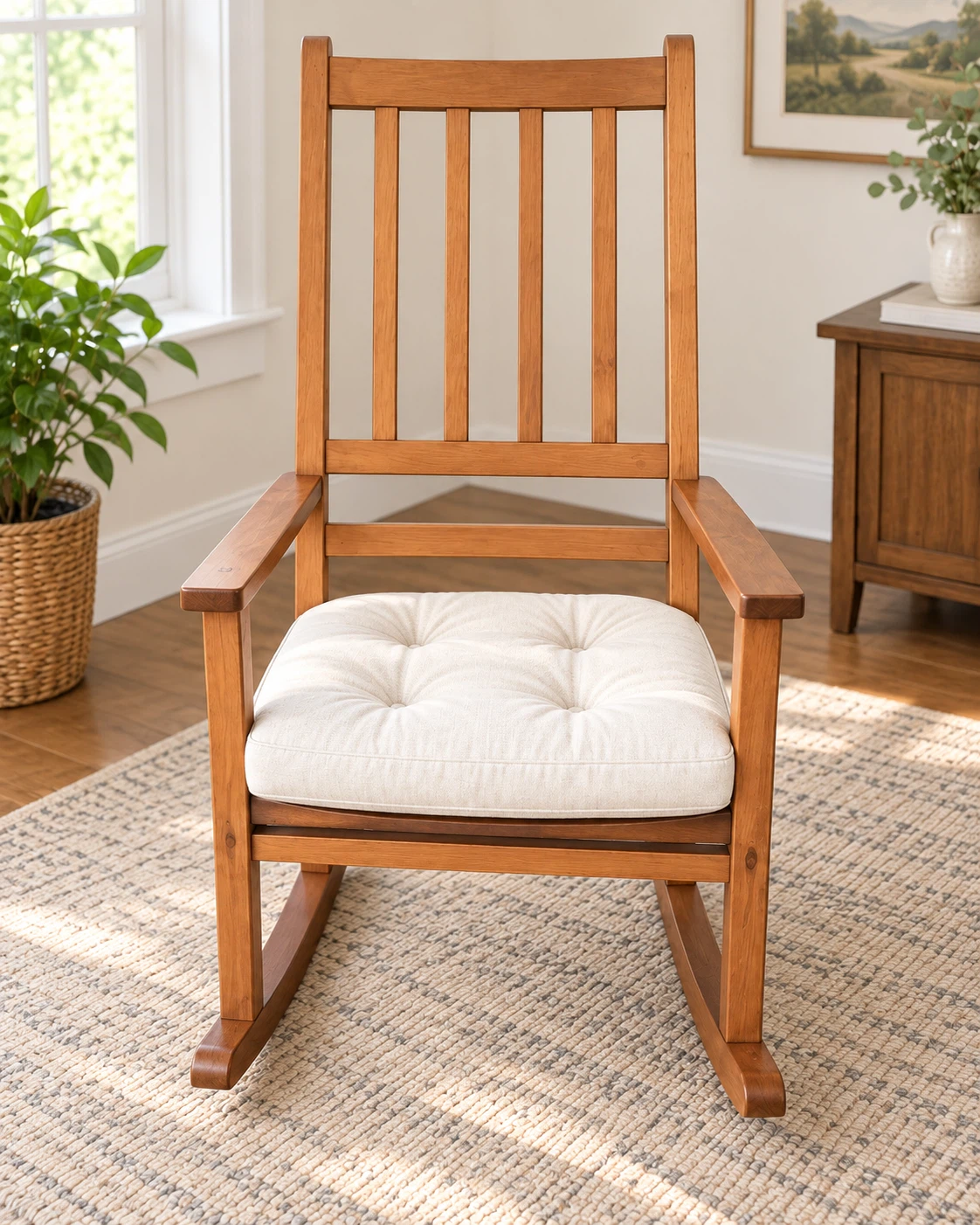 Mission-Style Wooden Rocking Chair with Cushion