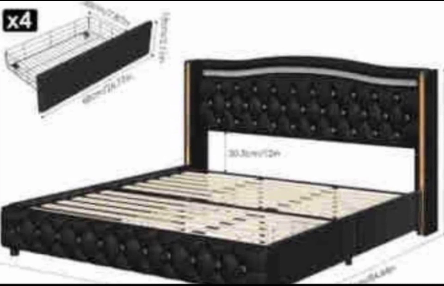 Black Upholstered double Bed Frame with 4 Storage Drawers