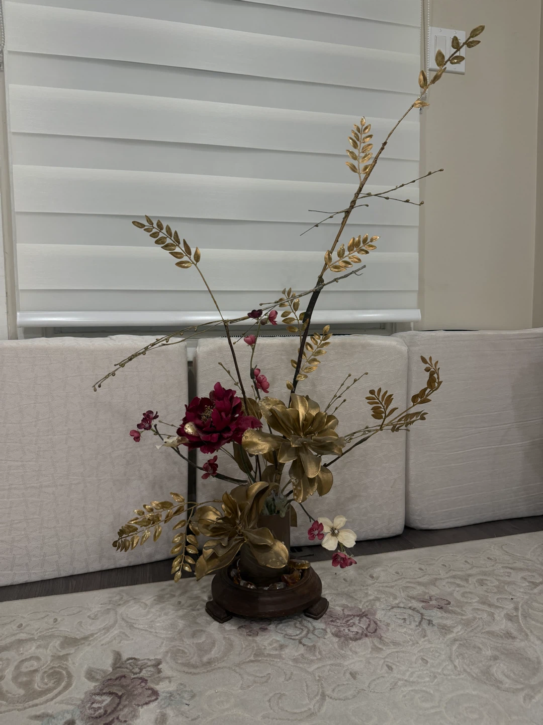 Artificial Floral Arrangement with Wooden Base