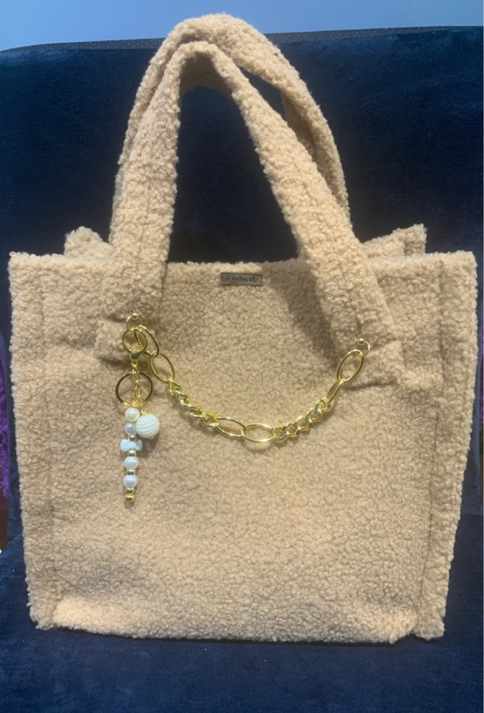 Beige Teddy Fleece Tote Bag with Gold Chain