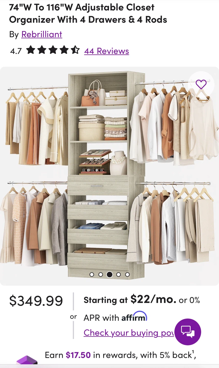 Adjustable Closet Organizer with 4 Drawers - photo 2