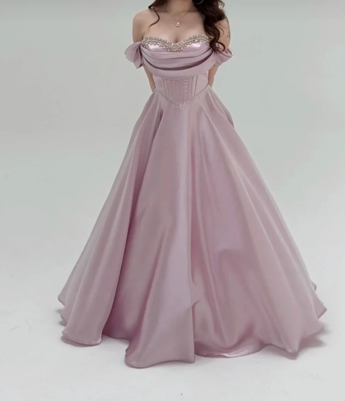Dusty Pink/Mauve-Shoulder Satin Evening Gown