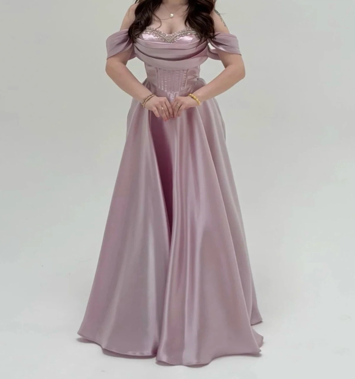 Dusty Pink/Mauve-Shoulder Satin Evening Gown - photo 2