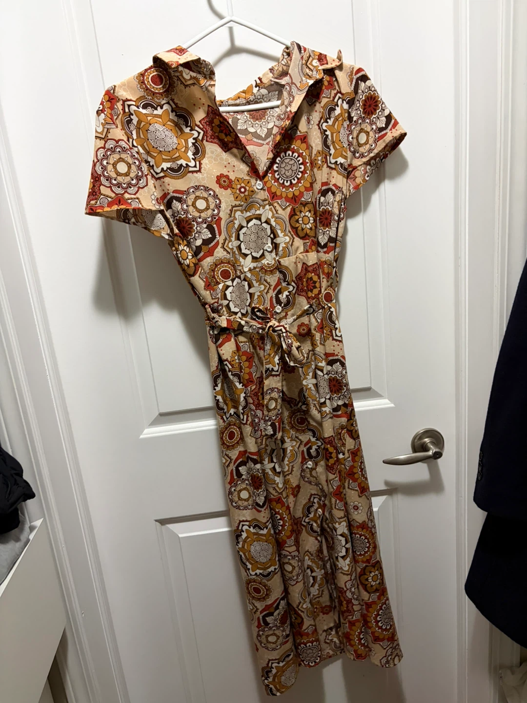 Vintage-Style Mandala Print Button-Down Midi Dress