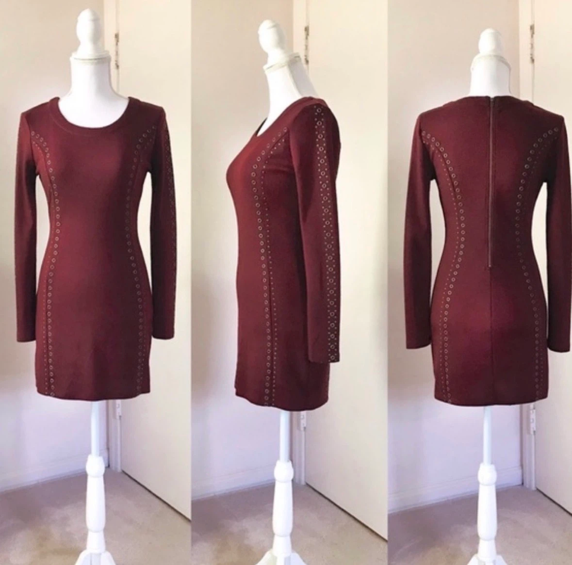 Burgundy Long Sleeve Dress with Grommet Detail