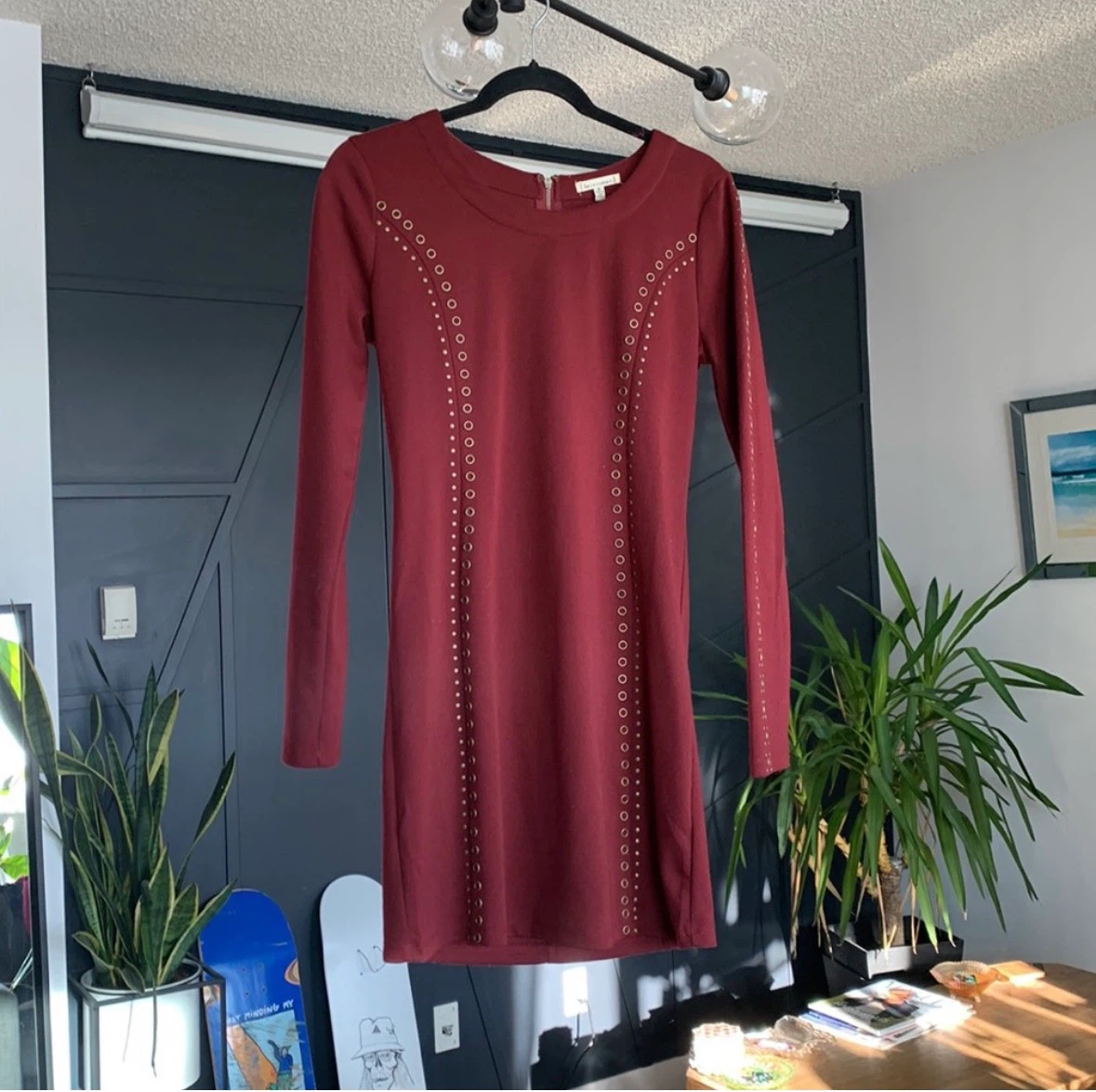 Burgundy Long Sleeve Dress with Grommet Detail - photo 2