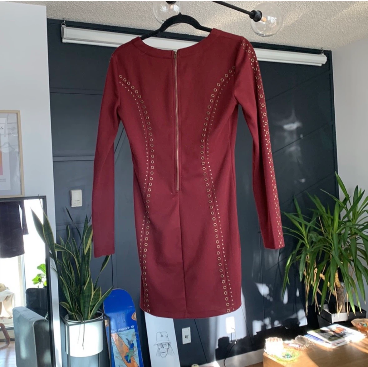 Burgundy Long Sleeve Dress with Grommet Detail - photo 3
