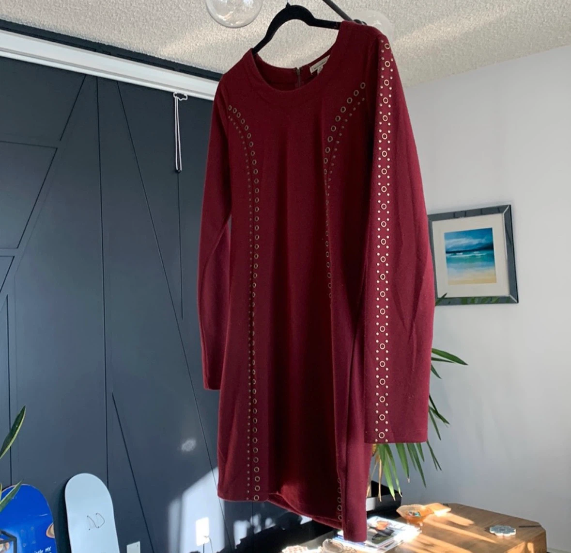 Burgundy Long Sleeve Dress with Grommet Detail - photo 5